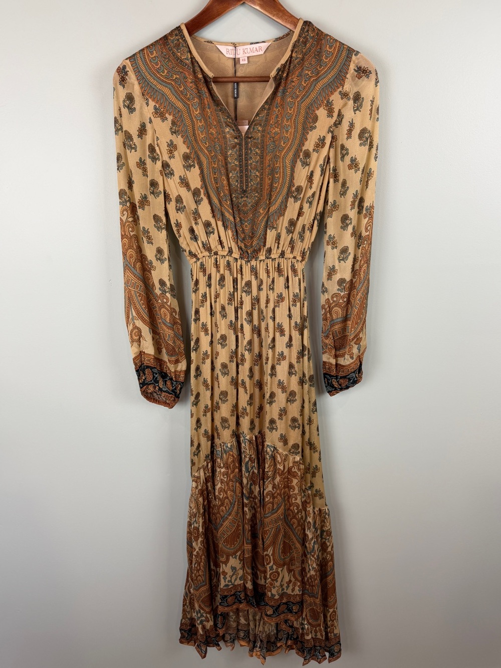NWT Ritu Kumar Luxury Indian Label Paisley Long Sleeve Midi Tiered Dress XS
